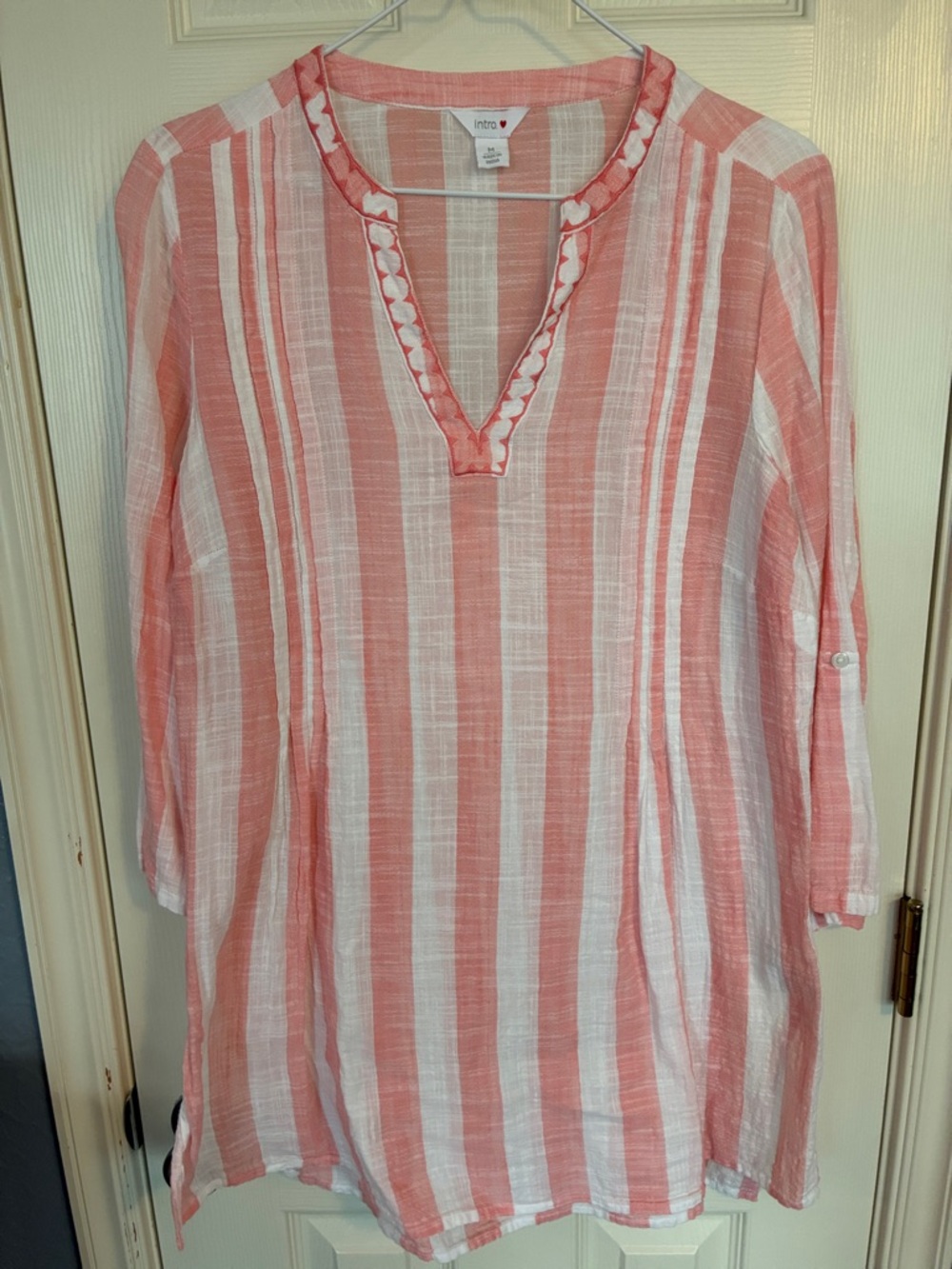 intro. Coral and White Striped V-Neck Tunic
